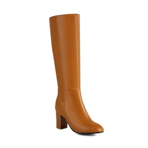 ZZQCCHL Damen Lange Stiefel mit seitlichem Reißverschluss Herbst/Winter Lackleder mit Blockabsatz Dehnbare mittelhohe Kalbsstiefel Kniehohe Stiefel mit hohen Absätzen,Gelb,47 EU von ZZQCCHL