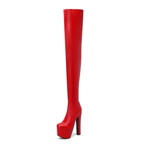 ZZQCCHL Damen Over-The-Knee Stiefel, rote Plateauschuhe mit seitlichem Reißverschluss, klobiger hoher Absatz, runde Zehen Winterstiefel für Partys,Rot,38 EU von ZZQCCHL