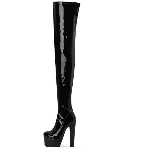 ZZQCCHL Damen Over-The-Knee Stiefel, rote Plateauschuhe mit seitlichem Reißverschluss, klobiger hoher Absatz, runde Zehen Winterstiefel für Partys,Schwarz,37 EU von ZZQCCHL