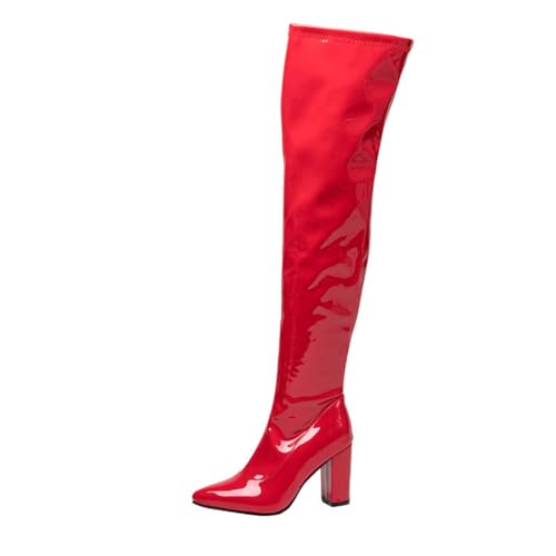 ZZQCCHL Damen Patentleder Über-dem-Knie Stiefel, Spitze Ferse hohe Winterstiefel mit seitlichem Reißverschluss,Rot,43 EU von ZZQCCHL