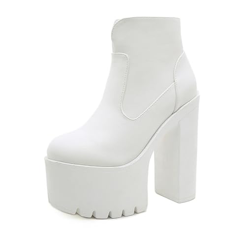 ZZQCCHL Damen Plateau Chunky High Heel Weiß Biker Zip Booties Block Heel Combat Ankle Boots,Weiß,37 EU von ZZQCCHL
