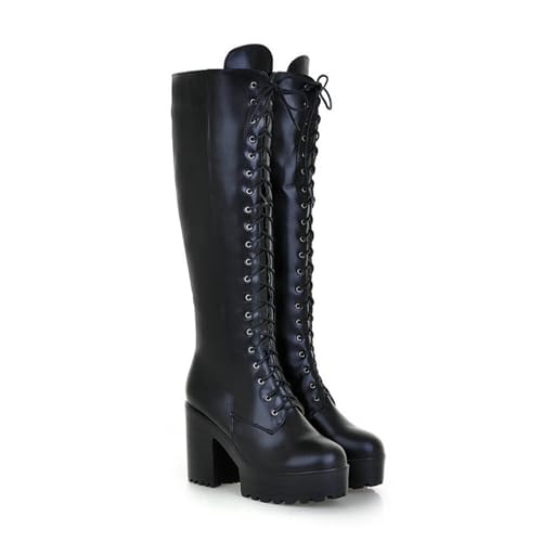 ZZQCCHL Damen Plateau Gothic Punk Winterstiefel Schnürung Halbschaftstiefel Blockabsatz Reißverschlüsse Griffsohle Kunstleder Stiefel,Schwarz,41 EU von ZZQCCHL