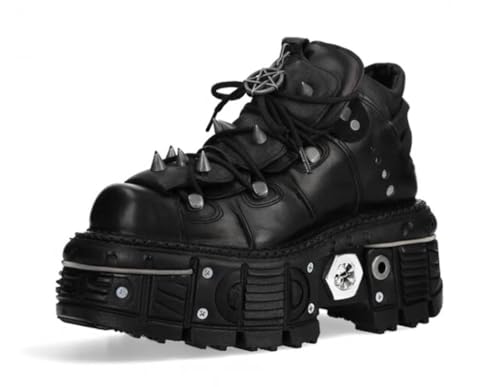 ZZQCCHL Damen Plattform Kampfstiefel Motorradstiefel Gothic Punk Knöchelstiefel mit Metall-Schnallen und Nieten,Schwarz,42 EU von ZZQCCHL