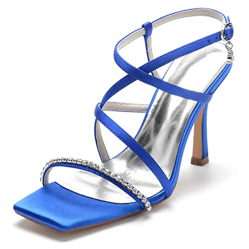 ZZQCCHL Damen Quadratischer Kopf Offene Zehe Stiletto High Heel Sandalen Satin Riemchen Knöchelriemen Hochzeit Party Kleid Schuhe,Blau,40 EU von ZZQCCHL