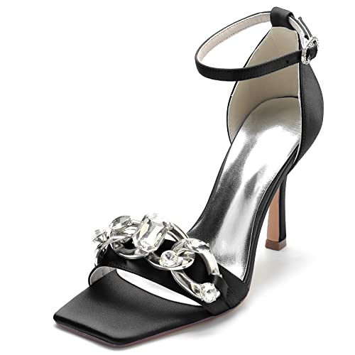 ZZQCCHL Damen Sandalen mit quadratischer Zehe Satin Knöchelriemen Stilettos High Heel Brautschuhe mit Strass Riemen Hochzeitsfeier Pumps,Schwarz,37 EU von ZZQCCHL