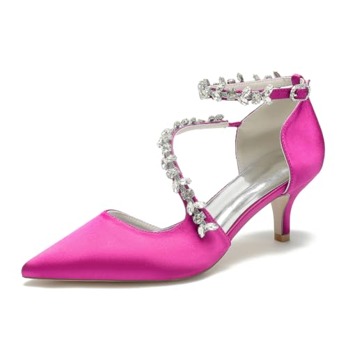 ZZQCCHL Damen Satin Braut Heels mit Strass Spitze Spitze Brautschuhe Abend Party Ballkleid Sandalen,Fuchsia,38 EU von ZZQCCHL