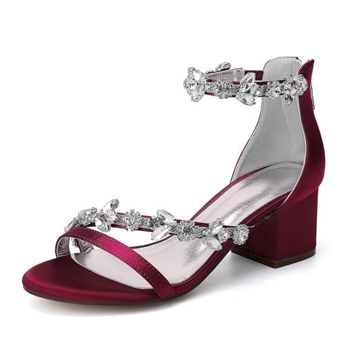 ZZQCCHL Damen Satin Hochzeit Brautschuhe Offene Zehenpartie Knöchelriemen Chunky Heels Pumpsandalen mit Strass Abendliche Abschlussball Pumps,Burgundy,36 EU von ZZQCCHL