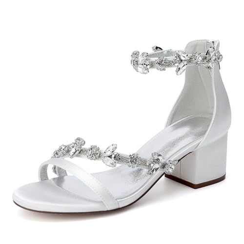 ZZQCCHL Damen Satin Hochzeit Brautschuhe Offene Zehenpartie Knöchelriemen Chunky Heels Pumpsandalen mit Strass Abendliche Abschlussball Pumps,Elfenbein,41 EU von ZZQCCHL