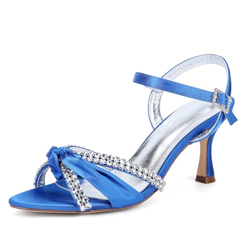 ZZQCCHL Damen Satin Hochzeit Sandalen mit funkelnden Strasssteinen Peep Toe Riemchen Party Brautschuhe,Blau,42 EU von ZZQCCHL
