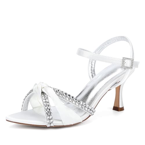 ZZQCCHL Damen Satin Hochzeit Sandalen mit funkelnden Strasssteinen Peep Toe Riemchen Party Brautschuhe,Elfenbein,43 EU von ZZQCCHL