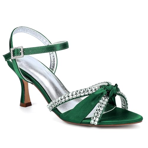 ZZQCCHL Damen Satin Hochzeit Sandalen mit funkelnden Strasssteinen Peep Toe Riemchen Party Brautschuhe,Grün,40 EU von ZZQCCHL