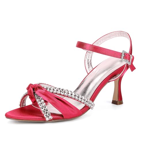 ZZQCCHL Damen Satin Hochzeit Sandalen mit funkelnden Strasssteinen Peep Toe Riemchen Party Brautschuhe,Rot,40 EU von ZZQCCHL