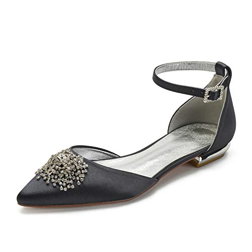 ZZQCCHL Damen Satin Knöchel Schnalle Riemen Brautschuhe Spitze Zeh Braut Braut Schuhe Flache Schuhe mit Strass,Schwarz,41 EU von ZZQCCHL
