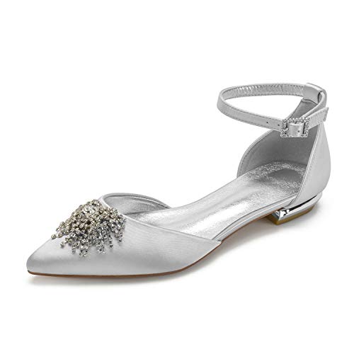 ZZQCCHL Damen Satin Knöchel Schnalle Riemen Brautschuhe Spitze Zeh Braut Braut Schuhe Flache Schuhe mit Strass,Silber,40 EU ZZQCCHL Damen Satin Knöchel Schnalle Riemen Brautschuhe Spitze Zeh Braut Braut Schuhe Flache Schuhe mit Strass,Silber,40 EU von ZZQCCHL