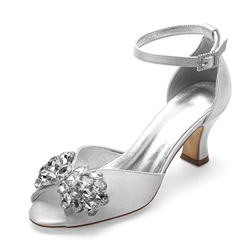 ZZQCCHL Damen Satin Peep Toe Brautschuhe Kitten Heels Brautkleid Pumps Abend Partys Sandalen,Silber,41 EU von ZZQCCHL