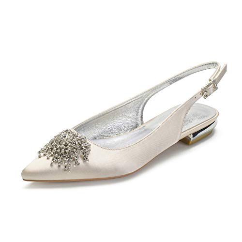 ZZQCCHL Damen Satin Slingback Braut Flat Slip On Low Heel Brautschuhe Abschlussball Party Spitze Spitze Pumps,Champagne,38 EU von ZZQCCHL
