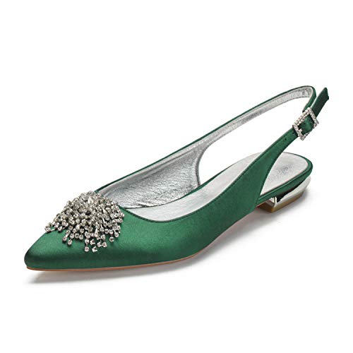 ZZQCCHL Damen Satin Slingback Braut Flat Slip On Low Heel Brautschuhe Abschlussball Party Spitze Spitze Pumps,Grün,38 EU von ZZQCCHL