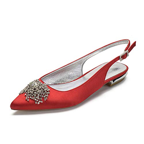 ZZQCCHL Damen Satin Slingback Braut Flat Slip On Low Heel Brautschuhe Abschlussball Party Spitze Spitze Pumps,Rot,38 EU von ZZQCCHL