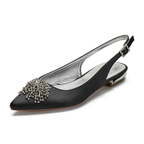 ZZQCCHL Damen Satin Slingback Braut Flat Slip On Low Heel Brautschuhe Abschlussball Party Spitze Spitze Pumps,Schwarz,38 EU von ZZQCCHL