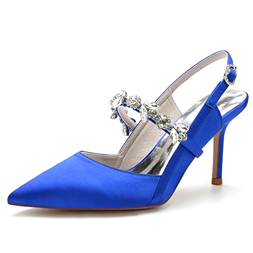 ZZQCCHL Damen Satin Slingback Brautschuhe Geschlossene spitze Zehe High Kleid Heels Slip-on Formelle Party Kleid Schuhe,Blau,39 EU von ZZQCCHL