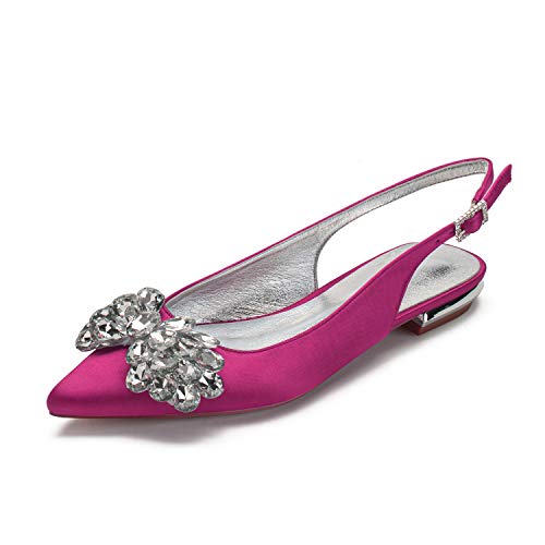 ZZQCCHL Damen Satin Spitze Spitze Braut Flat Slip On Slingback Hochzeit Sandalen Abend Abschlussball Party Pumps,Fuchsia,43 EU von ZZQCCHL