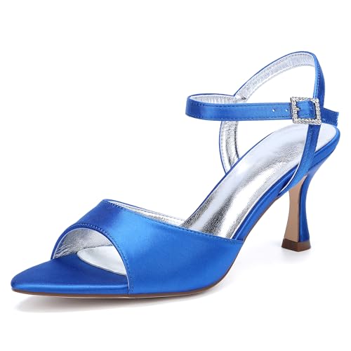 ZZQCCHL Damen Satin Stiletto Heel Brautsandalen, Knöchelriemen Offene Spitze Kleid Schuhe für Hochzeitsfeier Abend Prom,Blau,39 EU von ZZQCCHL