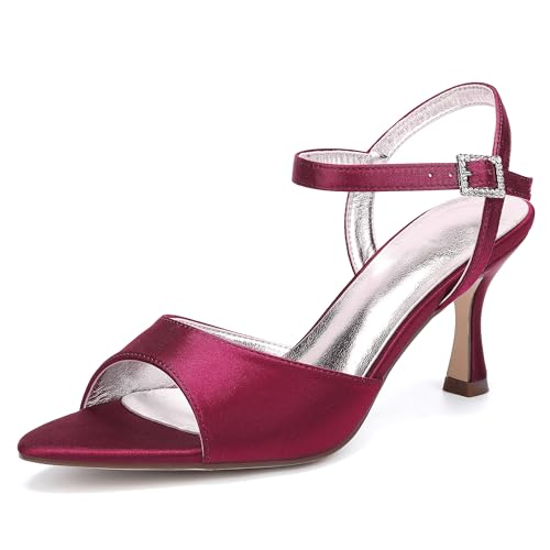 ZZQCCHL Damen Satin Stiletto Heel Brautsandalen, Knöchelriemen Offene Spitze Kleid Schuhe für Hochzeitsfeier Abend Prom,Burgundy,41 EU von ZZQCCHL