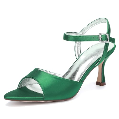ZZQCCHL Damen Satin Stiletto Heel Brautsandalen, Knöchelriemen Offene Spitze Kleid Schuhe für Hochzeitsfeier Abend Prom,Grün,37 EU von ZZQCCHL