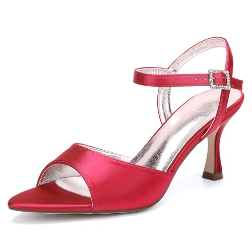 ZZQCCHL Damen Satin Stiletto Heel Brautsandalen, Knöchelriemen Offene Spitze Kleid Schuhe für Hochzeitsfeier Abend Prom,Rot,37 EU von ZZQCCHL