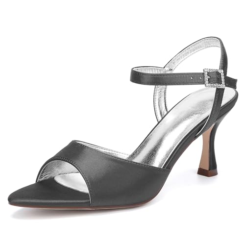 ZZQCCHL Damen Satin Stiletto Heel Brautsandalen, Knöchelriemen Offene Spitze Kleid Schuhe für Hochzeitsfeier Abend Prom,Schwarz,42 EU von ZZQCCHL