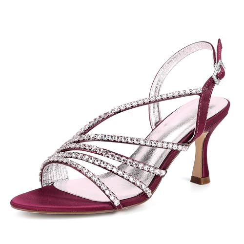 ZZQCCHL Damen Satin Stilettoabsatz Sandalen, Offene Zehen Abend Schuhe mit Strass Dekor für Party Abend Prom,Burgundy,41 EU von ZZQCCHL