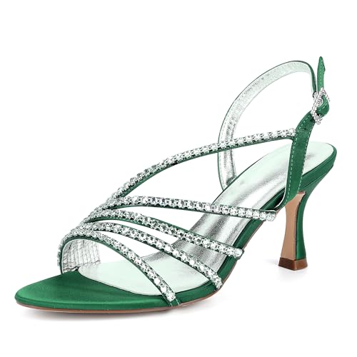 ZZQCCHL Damen Satin Stilettoabsatz Sandalen, Offene Zehen Abend Schuhe mit Strass Dekor für Party Abend Prom,Grün,38 EU von ZZQCCHL