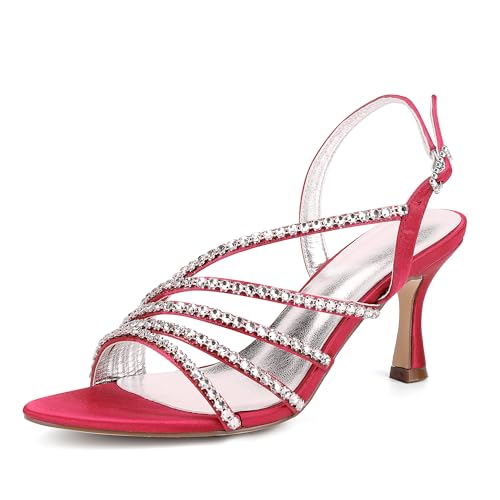 ZZQCCHL Damen Satin Stilettoabsatz Sandalen, Offene Zehen Abend Schuhe mit Strass Dekor für Party Abend Prom,Rot,36 EU von ZZQCCHL