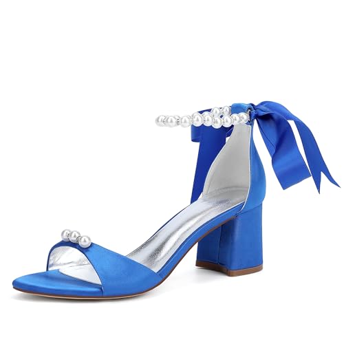 ZZQCCHL Damen Satinperlen Brautschuhe Offene Zehen Blockabsatz Hochzeitssandalen Knöchelriemen Partykleid Schuhe,Blau,42 EU von ZZQCCHL