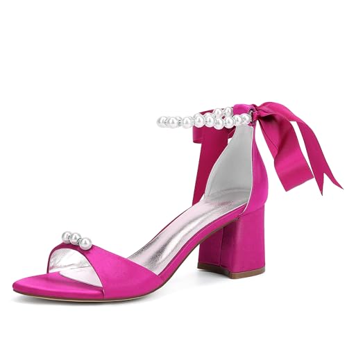 ZZQCCHL Damen Satinperlen Brautschuhe Offene Zehen Blockabsatz Hochzeitssandalen Knöchelriemen Partykleid Schuhe,Fuchsia,38 EU von ZZQCCHL