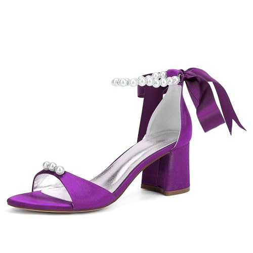 ZZQCCHL Damen Satinperlen Brautschuhe Offene Zehen Blockabsatz Hochzeitssandalen Knöchelriemen Partykleid Schuhe,Lila,43 EU von ZZQCCHL