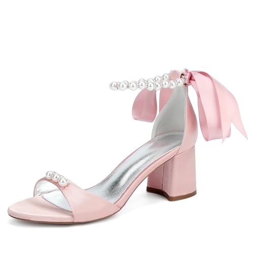 ZZQCCHL Damen Satinperlen Brautschuhe Offene Zehen Blockabsatz Hochzeitssandalen Knöchelriemen Partykleid Schuhe,Rosa,39 EU von ZZQCCHL