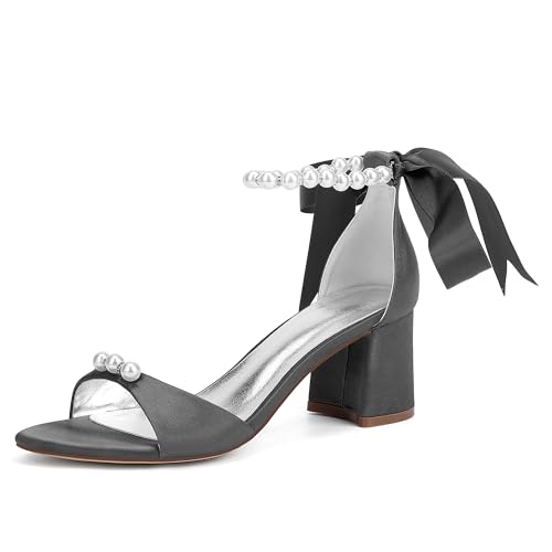 ZZQCCHL Damen Satinperlen Brautschuhe Offene Zehen Blockabsatz Hochzeitssandalen Knöchelriemen Partykleid Schuhe,Schwarz,41 EU von ZZQCCHL