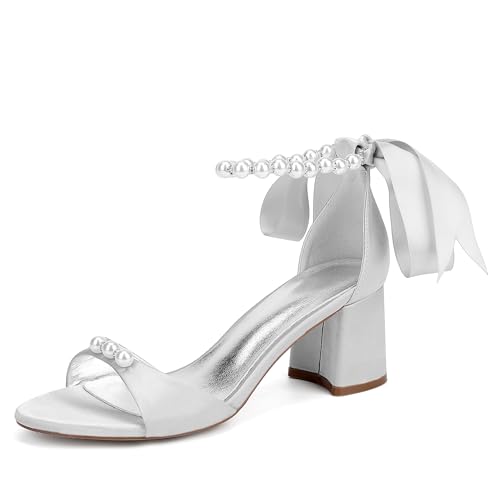 ZZQCCHL Damen Satinperlen Brautschuhe Offene Zehen Blockabsatz Hochzeitssandalen Knöchelriemen Partykleid Schuhe,Silber,36 EU von ZZQCCHL