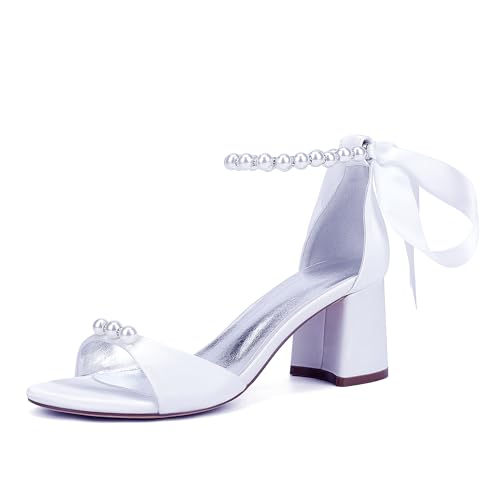 ZZQCCHL Damen Satinperlen Brautschuhe Offene Zehen Blockabsatz Hochzeitssandalen Knöchelriemen Partykleid Schuhe,Weiß,41 EU von ZZQCCHL