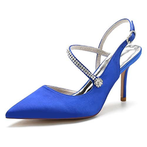 ZZQCCHL Damen Slingback Brautschuhe Geschlossene spitze Zehe High Dress Heels Satin Formale Hofschuhe,Blau,37 EU von ZZQCCHL