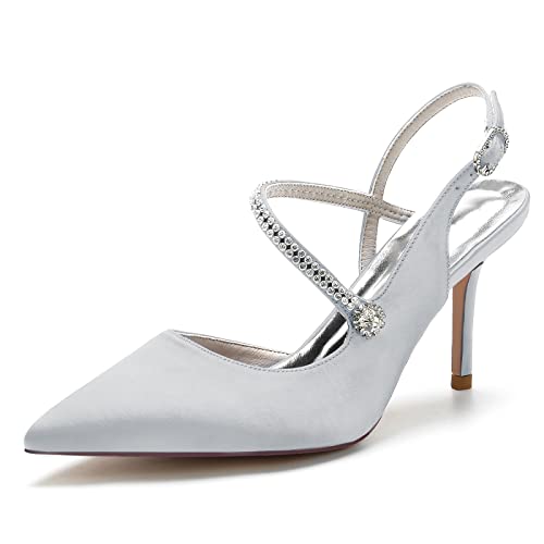 ZZQCCHL Damen Slingback Brautschuhe Geschlossene spitze Zehe High Dress Heels Satin Formale Hofschuhe,Silber,36 EU von ZZQCCHL