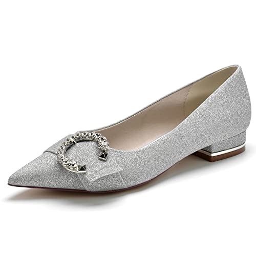 ZZQCCHL Damen Slip-On Ballett Schuhe Geschlossen Spitz Spitze Glitter Braut Wohnungen Schuhe Hochzeit Kleid Schuhe mit Strass,Silber,38 EU von ZZQCCHL