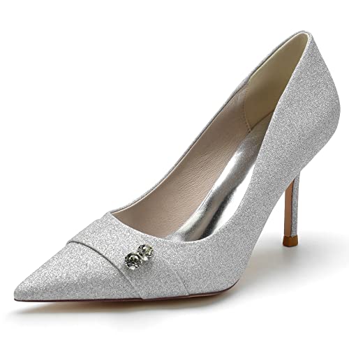 ZZQCCHL Damen Slip-on Glitter Stiletto High Heels Geschlossene Zehe Brautschuhe Champagner Party Kleid Heels,Silber,38 EU von ZZQCCHL