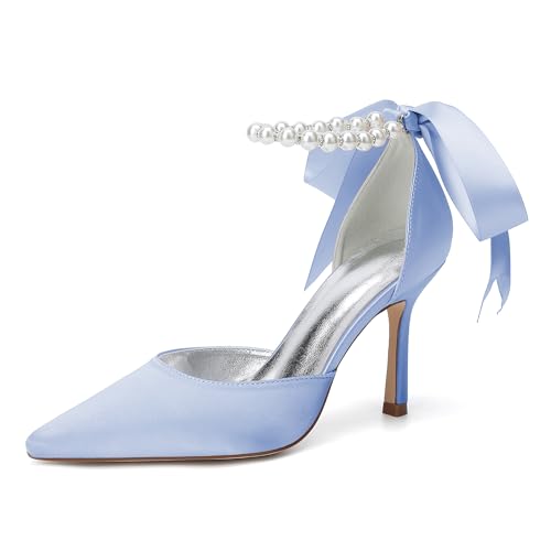 ZZQCCHL Elegante Stiletto-Heels aus Satin 9cm Spitze Zehenpartie Perle Detaillierte Pumps Rote Braut Abendschuhe für Frauen Formelle Anlässe,Azurecolor,43 EU von ZZQCCHL