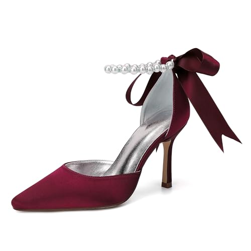 ZZQCCHL Elegante Stiletto-Heels aus Satin 9cm Spitze Zehenpartie Perle Detaillierte Pumps Rote Braut Abendschuhe für Frauen Formelle Anlässe,Burgundy,41 EU von ZZQCCHL