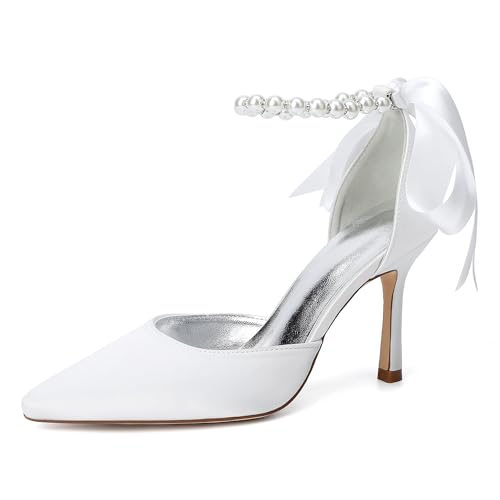 ZZQCCHL Elegante Stiletto-Heels aus Satin 9cm Spitze Zehenpartie Perle Detaillierte Pumps Rote Braut Abendschuhe für Frauen Formelle Anlässe,Elfenbein,36 EU von ZZQCCHL