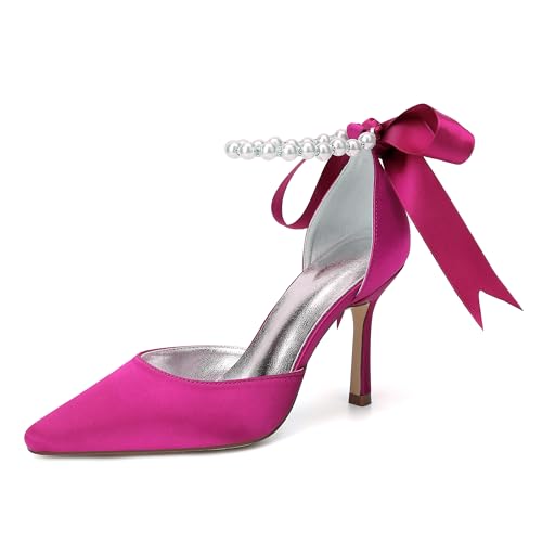 ZZQCCHL Elegante Stiletto-Heels aus Satin 9cm Spitze Zehenpartie Perle Detaillierte Pumps Rote Braut Abendschuhe für Frauen Formelle Anlässe,Fuchsia,38 EU von ZZQCCHL