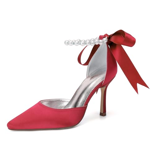 ZZQCCHL Elegante Stiletto-Heels aus Satin 9cm Spitze Zehenpartie Perle Detaillierte Pumps Rote Braut Abendschuhe für Frauen Formelle Anlässe,Rot,36 EU von ZZQCCHL