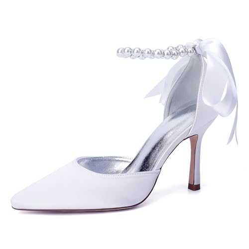 ZZQCCHL Elegante Stiletto-Heels aus Satin 9cm Spitze Zehenpartie Perle Detaillierte Pumps Rote Braut Abendschuhe für Frauen Formelle Anlässe,Weiß,41 EU von ZZQCCHL